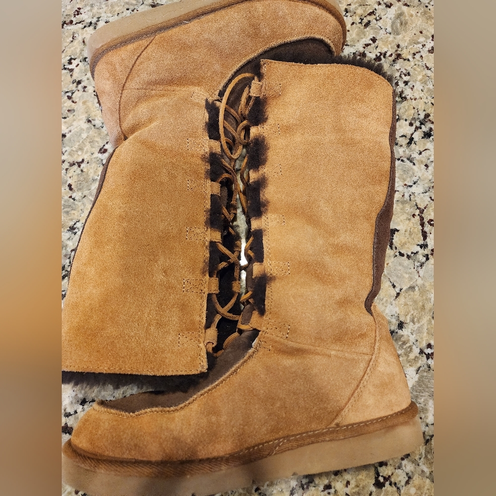 Ugg Appalachian Uptown Moccasin Size 8 Knee High Lace Up Lt Brn W Drk Brn Fur - Picture 4 of 7